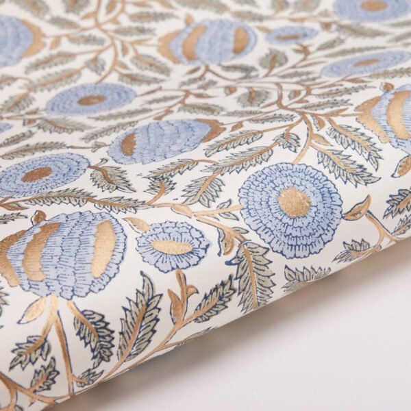Paper Mirchi - Hand Block Printed Wrapping Paper Sheets - Marigold Glitz BlueStone