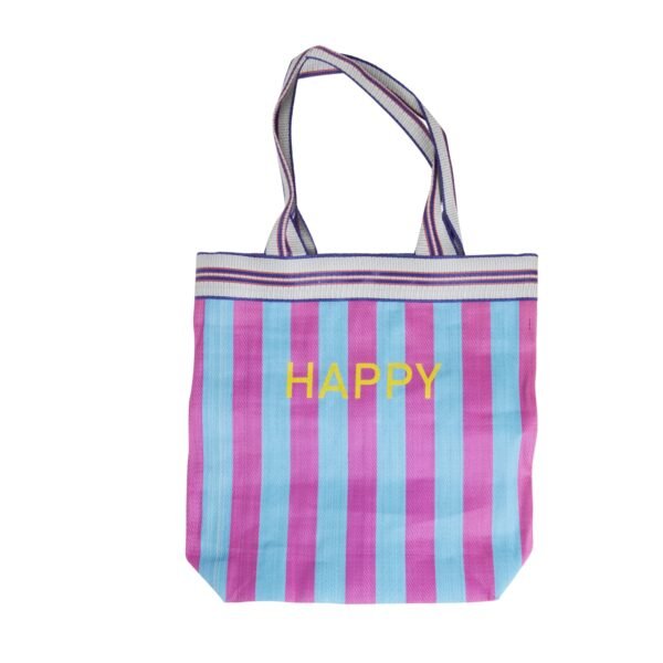 Recycled Plastic "Happy" Shopping Bag with Blue and Purple Stripes